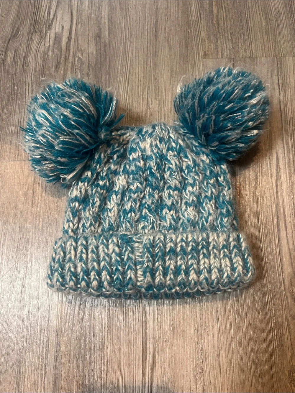 C.C. Boutique Teal and Cream Double Pom Pom Kids Hat